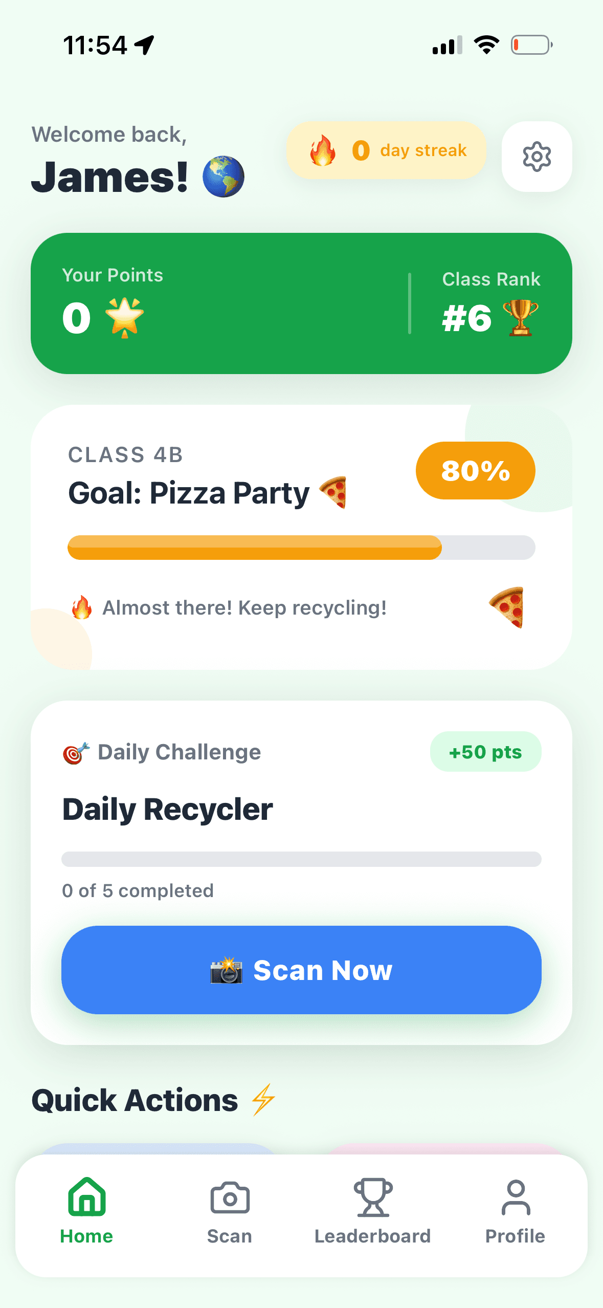 Scrappy’s classroom dashboard with recycling challenges, a shared class goal, and a scan action