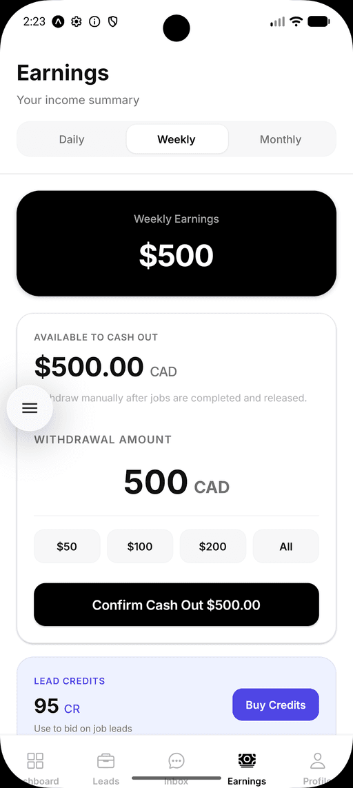 HomeLynk earnings dashboard with a cash-out form