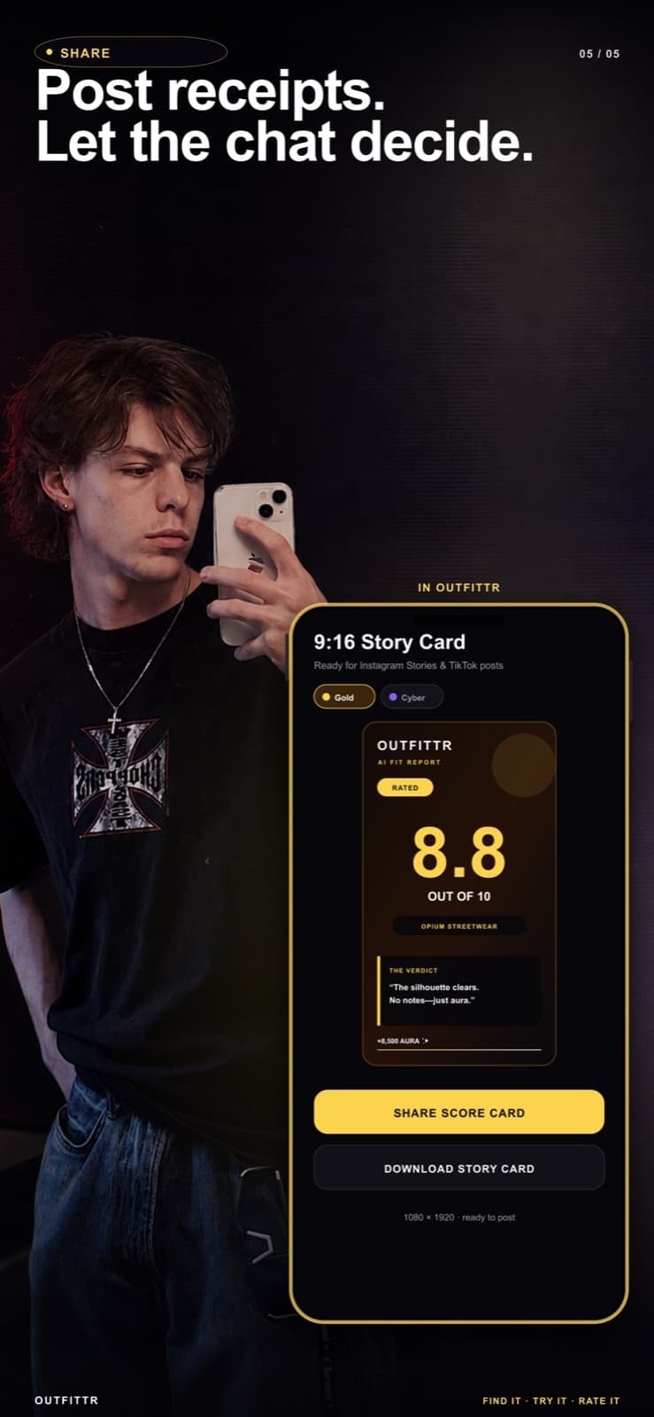 Outfittr — Share the verdict, 9:16 story card